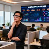 一位戴着黑框眼镜的电商技术总监在开放式工位前思考，身后屏幕显示着电商平台的实时订单数据大屏